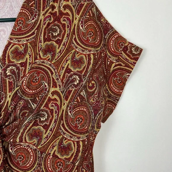 Jones New York paisley shortsleeve blouse brown, red, gold S - Picture 5 of 8